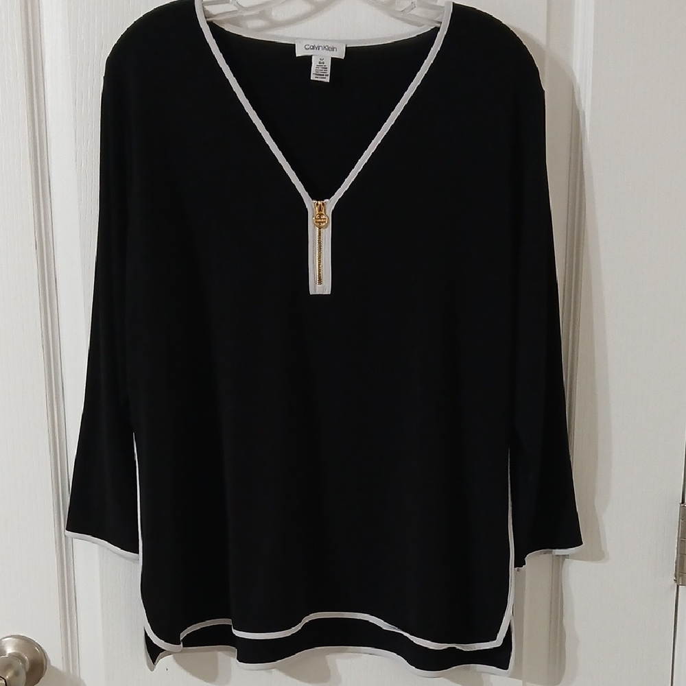 Calvin Klein Black V-Neck Top with White Trim and Gold Zip Accent